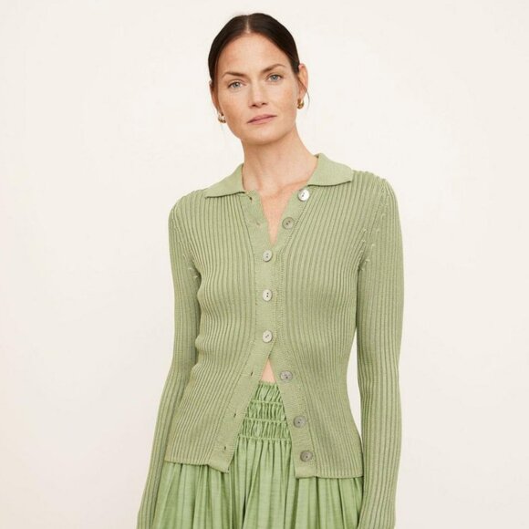 Vince Ribbed Collar Green Cardigan Sweater - Picture 1 of 7